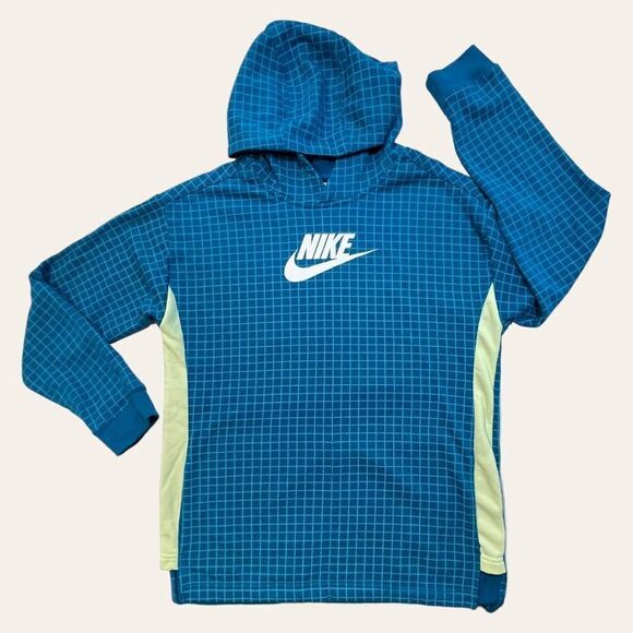 Nike Hoodie Teal Blue Green Grid Windowpane Pattern Kangaroo Pocket, Youth XL - Picture 3 of 10